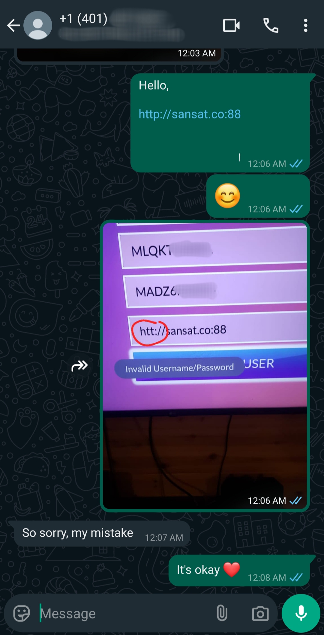 WhatsApp chat showing an Ecuador IPTV link shared in a message, followed by a photo of a login screen with the same link circled in red and an Invalid Username/Password error. The sender apologizes, and the recipient replies warmly.