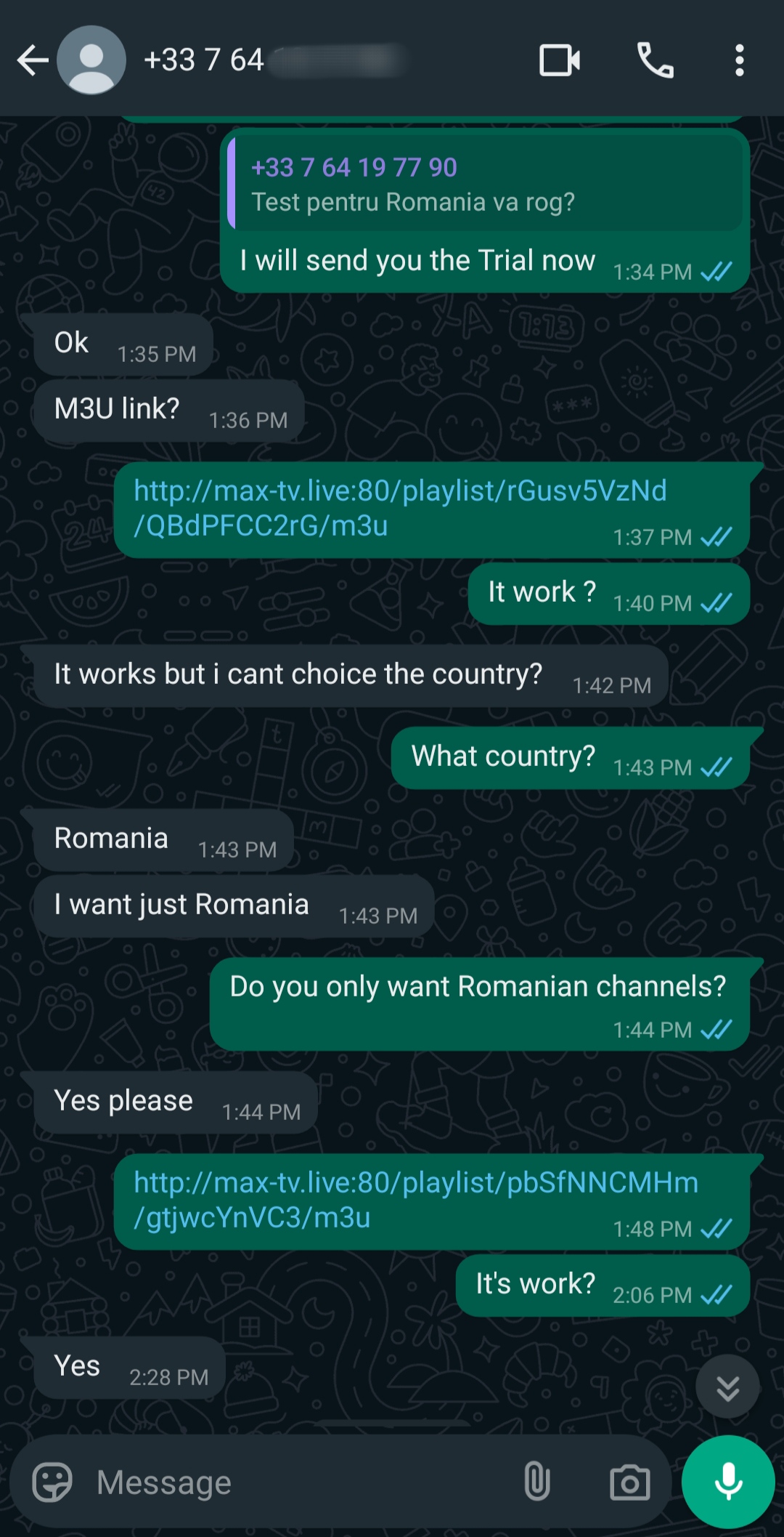 A WhatsApp chat shows two people discussing IPTV links. One requests a trial with only Romanian channels. The other shares Ecuador IPTV and Romanian playlist links, confirming if the links work throughout their conversation.