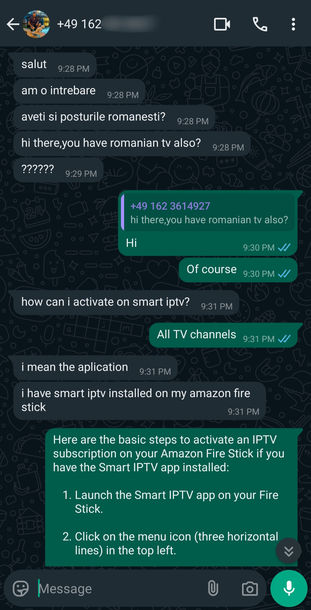 A WhatsApp chat about accessing Romanian TV channels, using Ecuador IPTV, and activating Smart IPTV on Amazon Fire Stick. The final message provides step-by-step Smart IPTV activation instructions in a green text box.