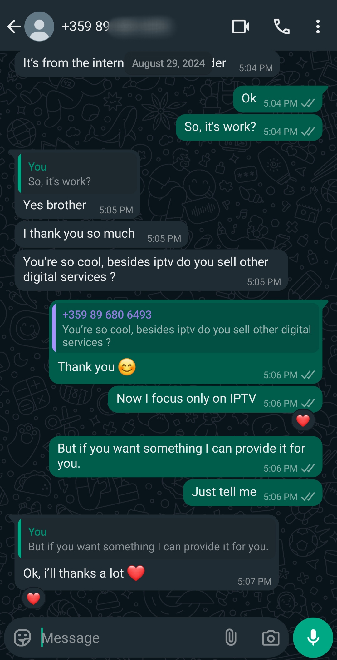 A WhatsApp chat shows a conversation about Ecuador IPTV services. One person asks if other digital services are offered, but the provider replies they now focus only on IPTV. The conversation ends politely with thanks and a heart emoji.