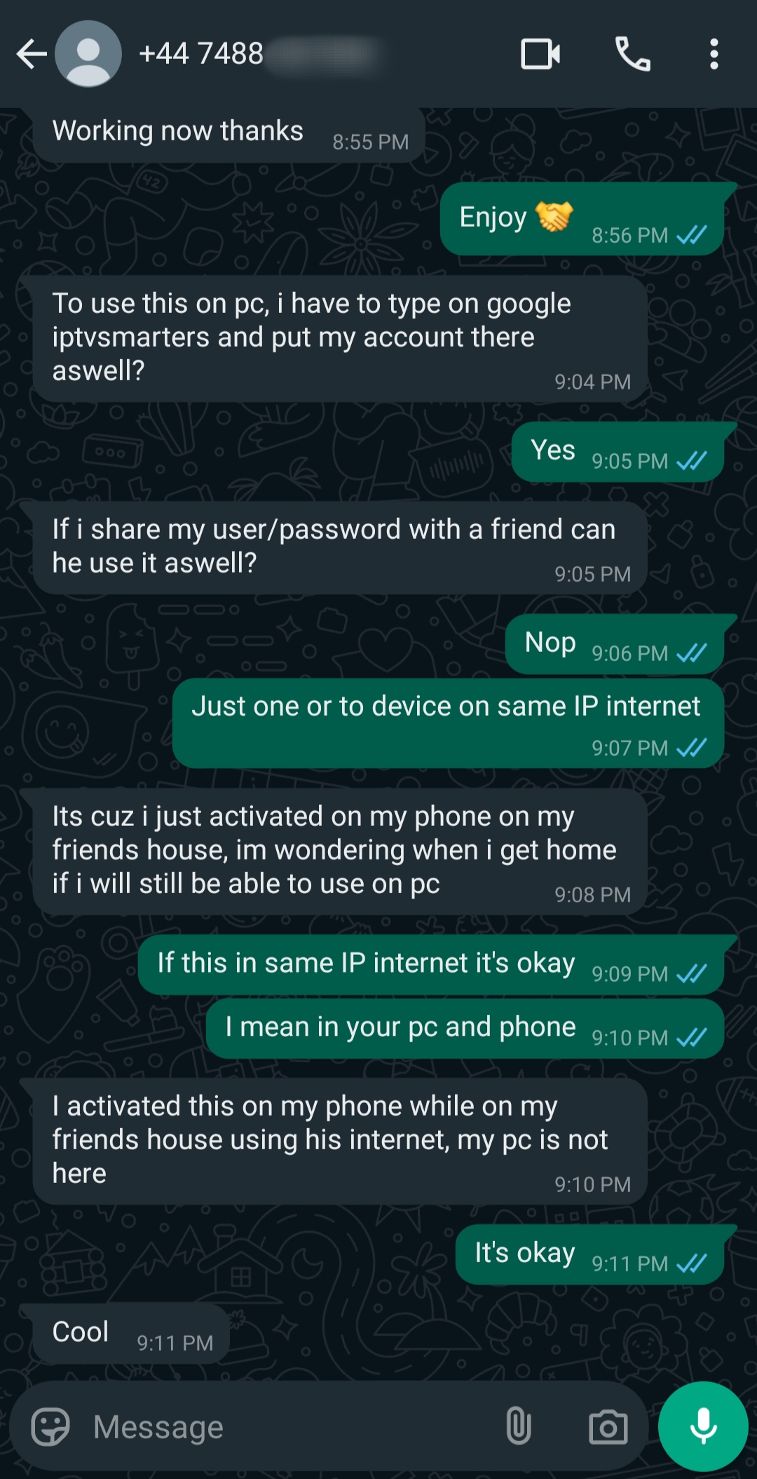 A WhatsApp chat shows a user asking about using Ecuador IPTV with IPTV Smarters on both PC and phone, sharing login details with a friend, and using different internet connections. The other person says it's okay if on the same IP and device.