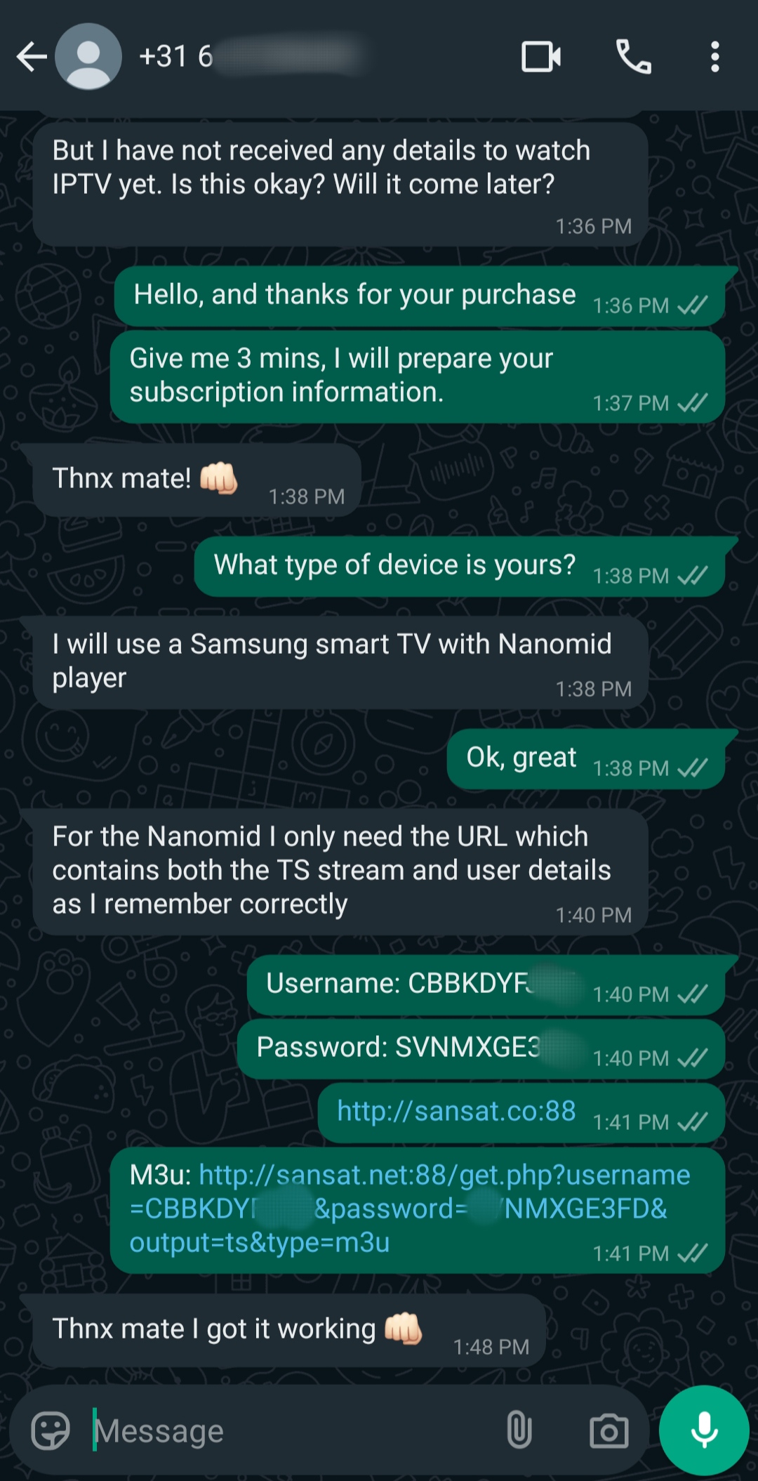 A WhatsApp chat shows a customer asking about Ecuador IPTV details. The seller provides instructions, a username, password, and M3U link for a Samsung TV with Nanomid. The customer confirms it works, replying with a fist bump emoji.