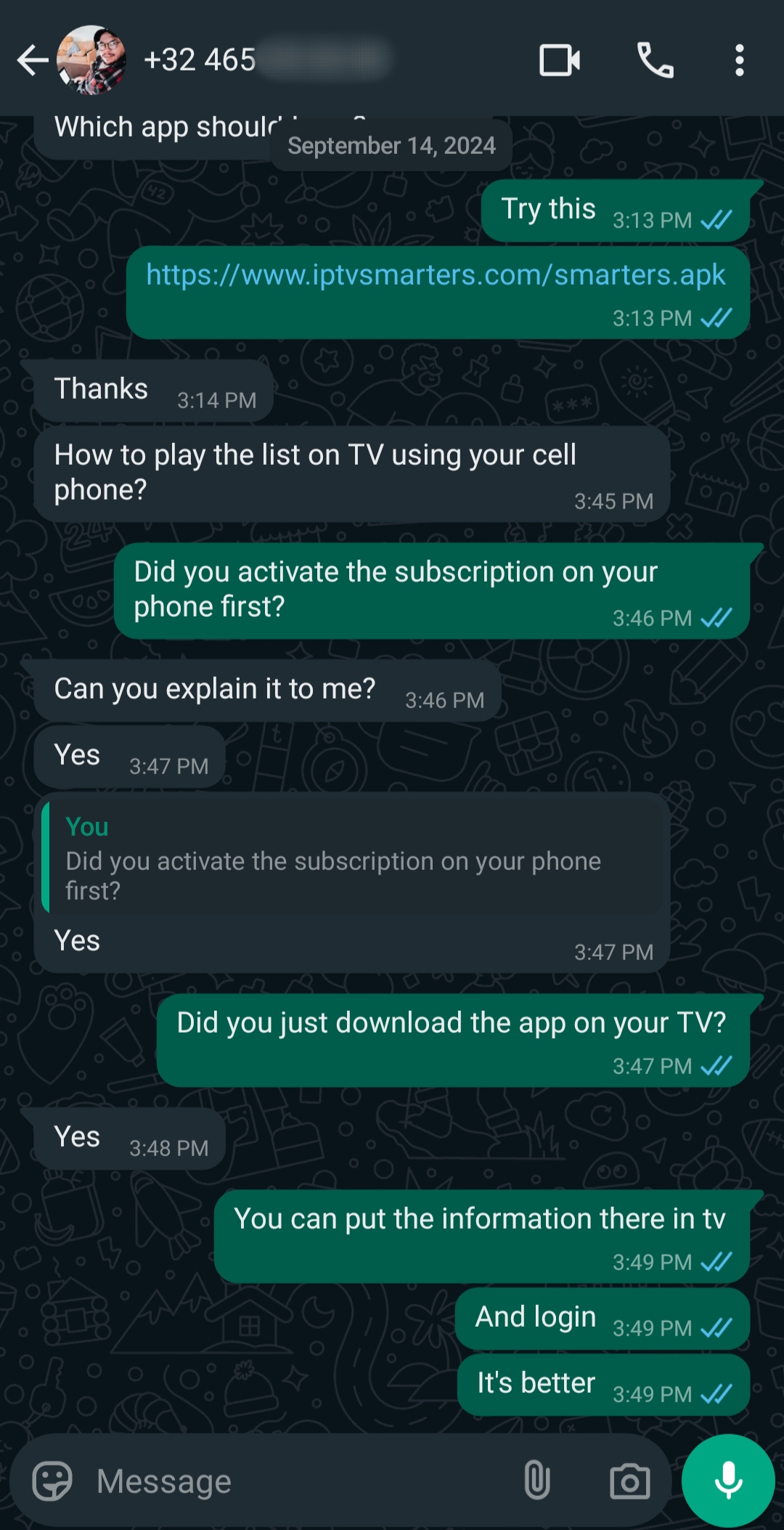 A WhatsApp chat shows a user asking how to play an Ecuador IPTV list using their cell phone. The other person guides them to activate the subscription on their phone, enter the details on the TV, and log in for better use.