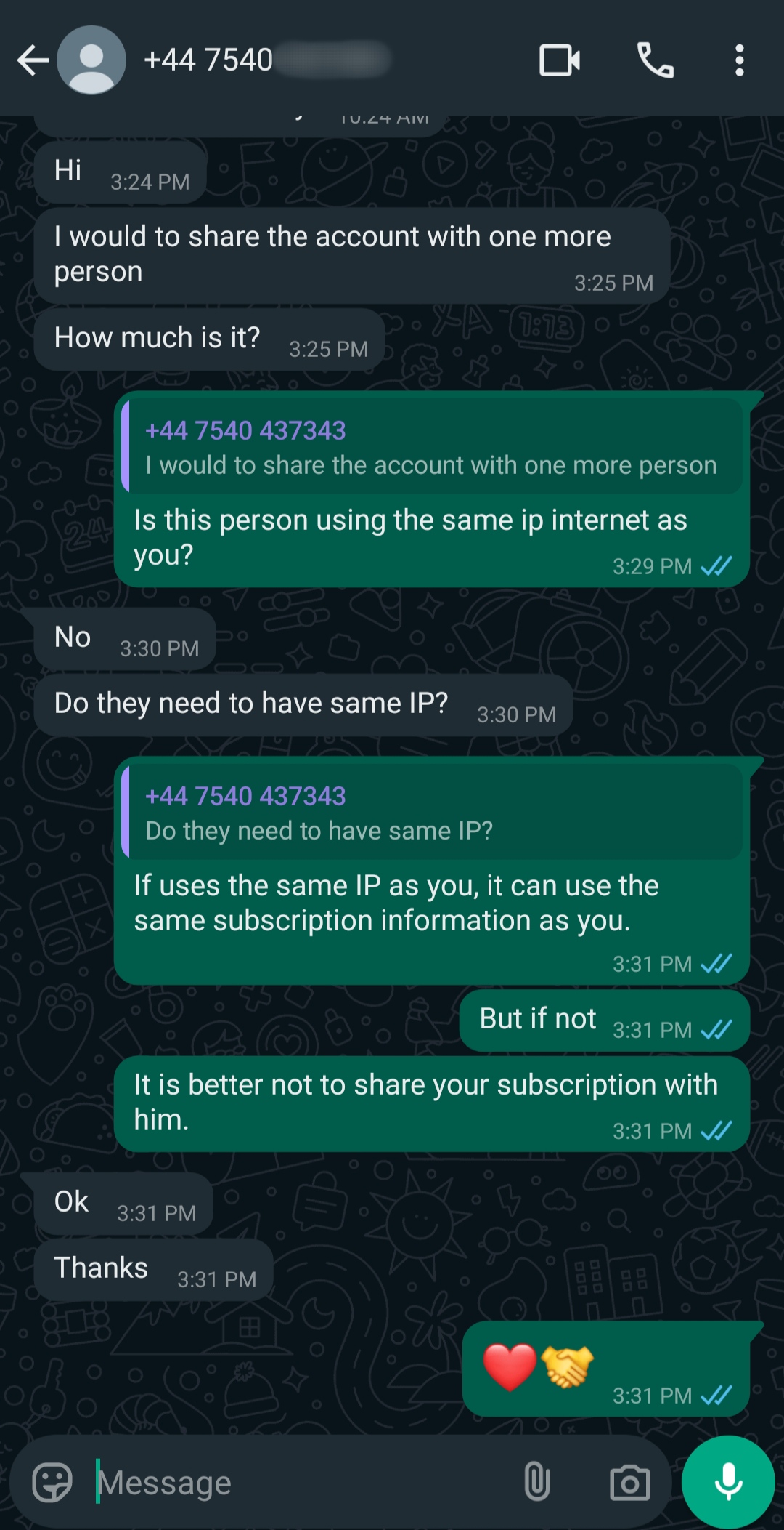 A WhatsApp chat shows a user asking about sharing an Ecuador IPTV account. Support replies that sharing the same IP allows sharing subscription info but suggests not sharing the subscription. The conversation ends with emoji.