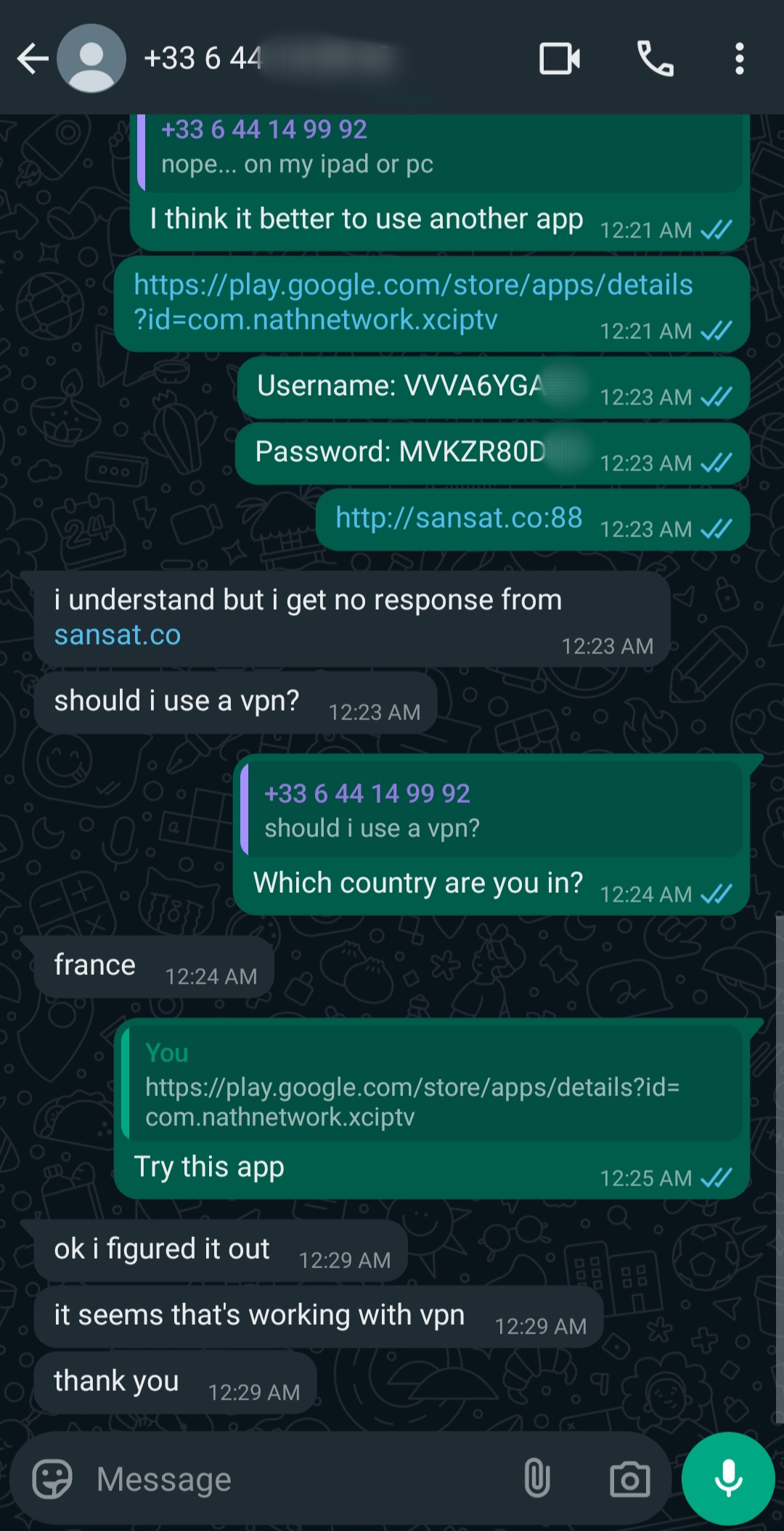 A WhatsApp chat shows a user troubleshooting Ecuador IPTV access by sharing login credentials, app links, and asking about VPN use. The issue is resolved after the other person tries the suggested app and confirms it works with a VPN.