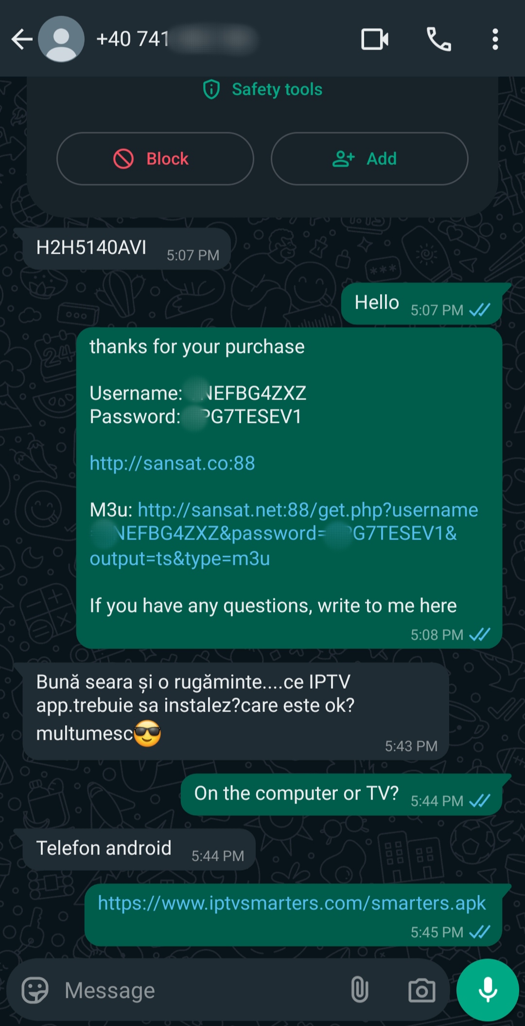A WhatsApp chat screenshot shows a conversation about Ecuador IPTV setup. It includes usernames, passwords, links, and questions about installing an IPTV app on an Android phone, with responses in both English and Romanian.