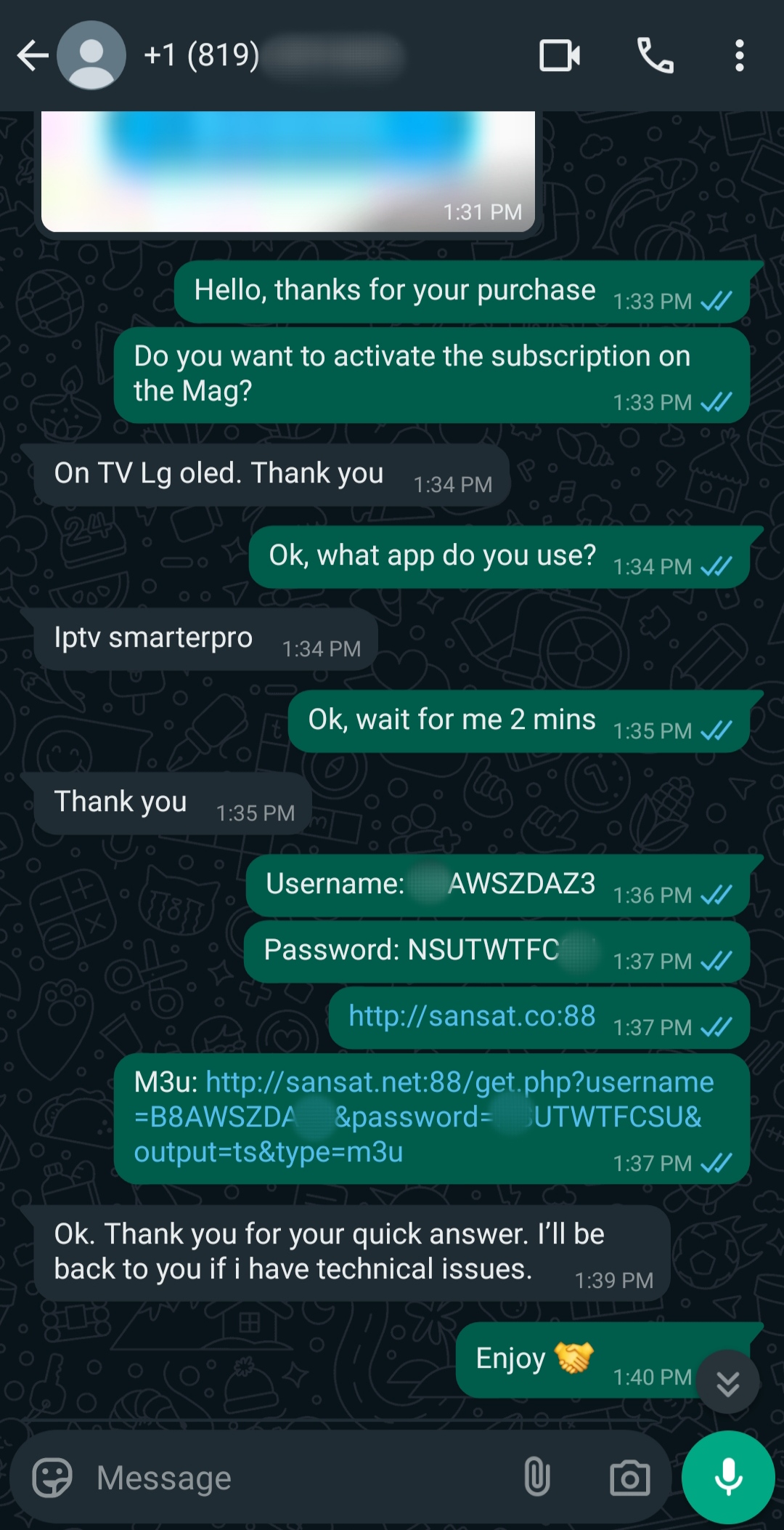 A WhatsApp chat shows a customer receiving Ecuador IPTV login details—username, password, and M3U link—from support, confirming activation on their TV. The conversation ends with a thank you and handshake emoji.