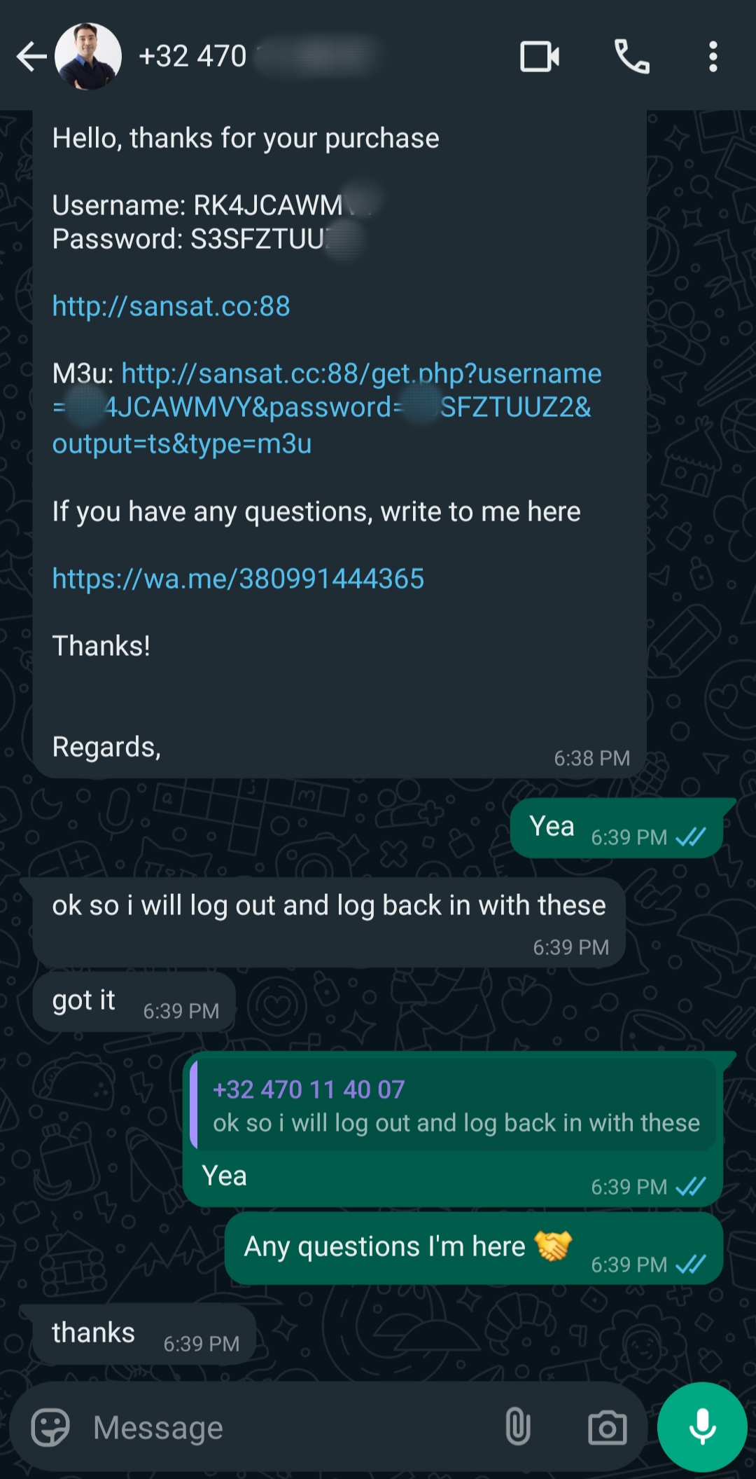 A WhatsApp chat displays a message with Ecuador IPTV login details, including username, password, and URLs. The conversation below confirms receipt and understanding of the instructions.