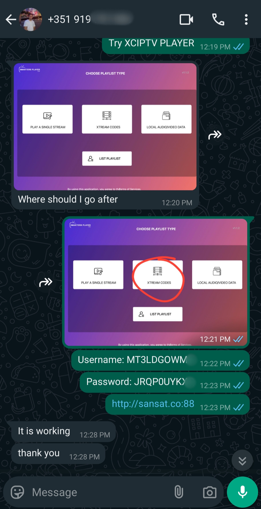 A WhatsApp chat shows instructions for setting up XCIPTV PLAYER with Ecuador IPTV. Screenshots highlight choosing XTREAM CODES and entering a username, password, and URL. The user confirms it works and thanks the sender.