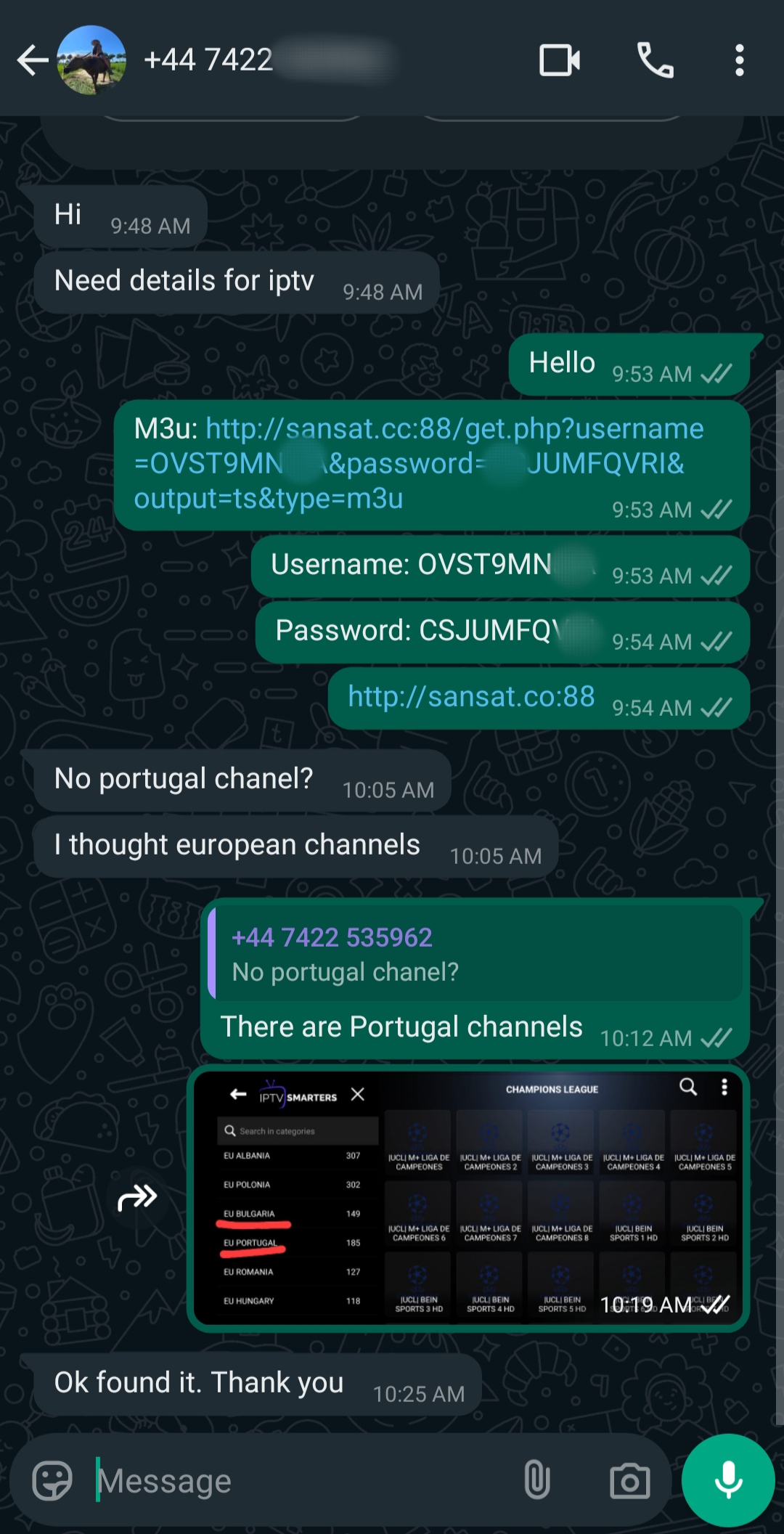 A WhatsApp chat showing a conversation about IPTV details. One user shares a link, username, and password for Ecuador IPTV, then confirms that Portugal channels are included, showing a screenshot of a TV guide with Portugal channels.