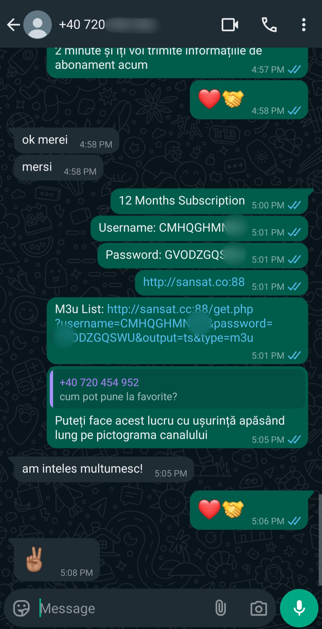 A WhatsApp chat showing a conversation about a 12-month Ecuador IPTV subscription. It includes usernames, passwords, a link, and instructions in both English and Romanian. Heart and handshake emojis are also present in the messages.