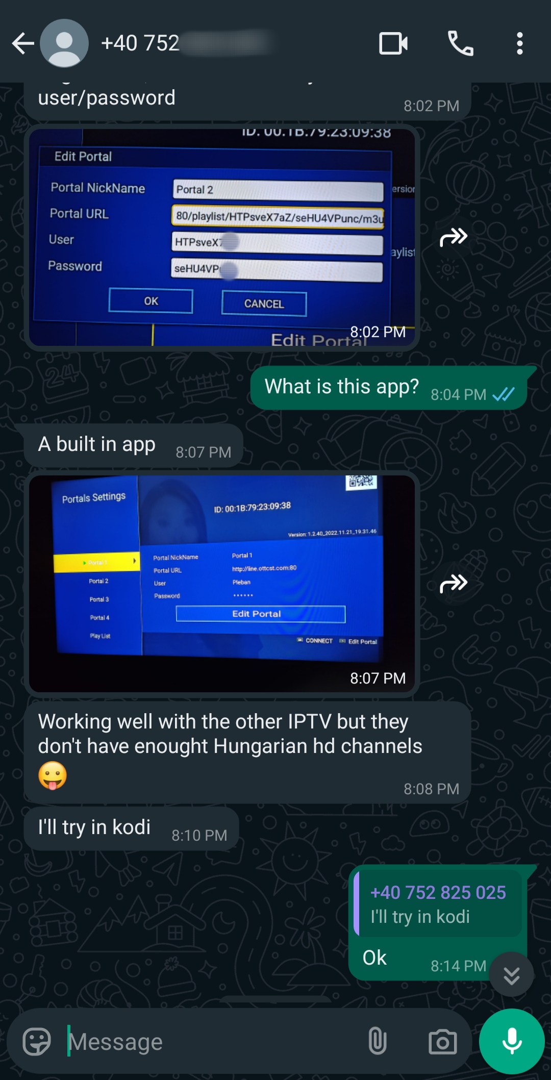 A WhatsApp chat shows a conversation about IPTV apps, with screenshots of TV portal setup menus. One user shares portal URLs, and another mentions testing Ecuador IPTV in Kodi due to few Hungarian HD channels.