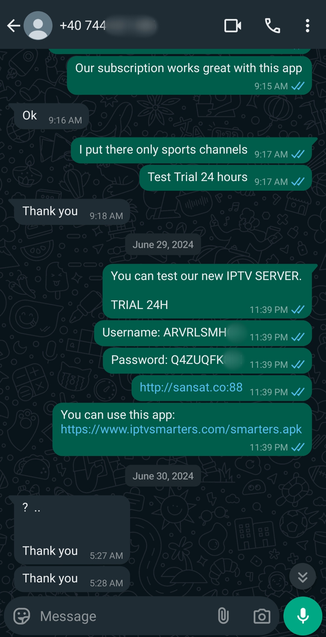 A WhatsApp chat shows a user requesting an Ecuador IPTV sports channel trial. The provider shares a 24-hour test account with username, password, link, and app download instructions. The user replies with Thank you.