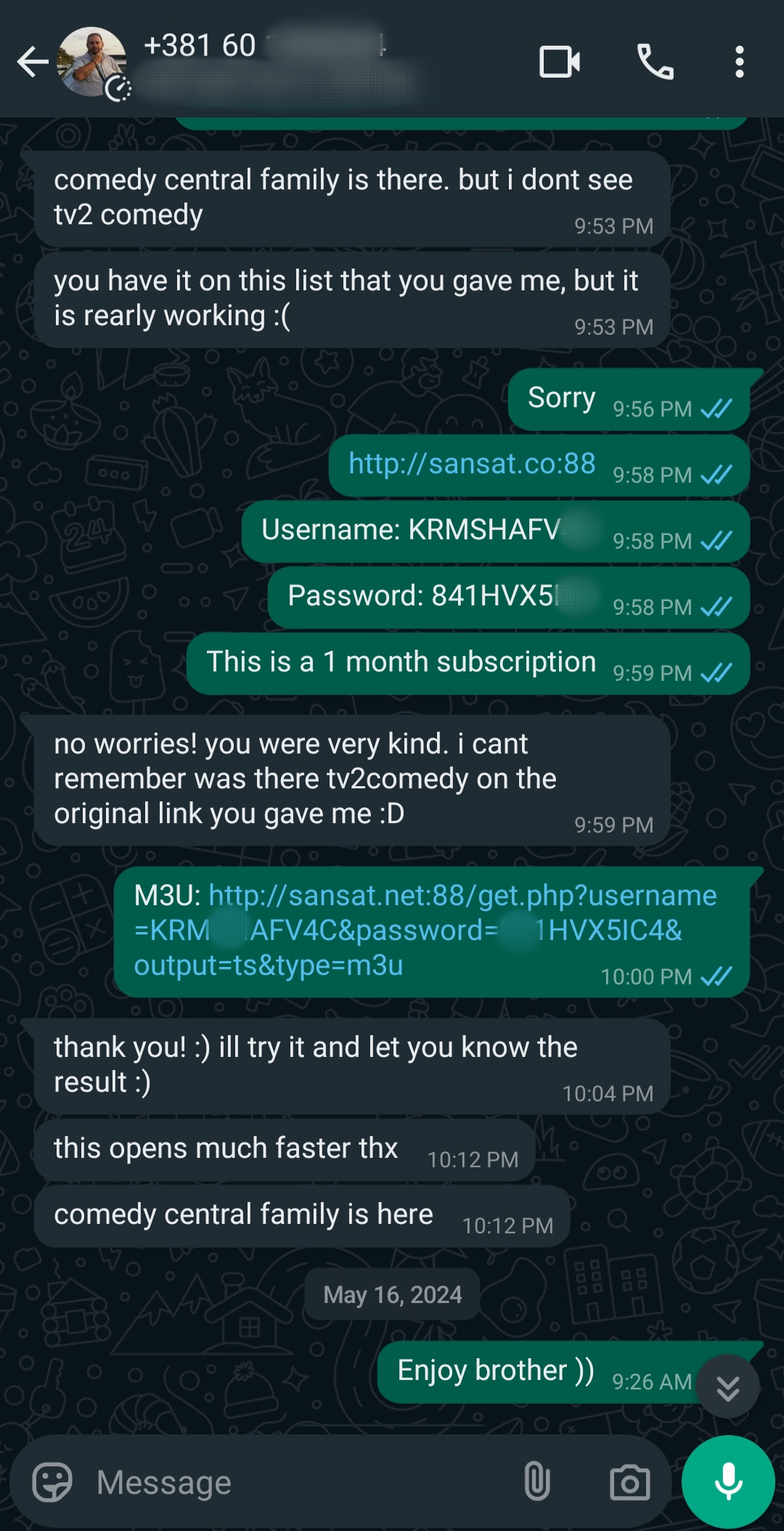 A WhatsApp chat shows two people discussing access to Ecuador IPTV channels. One shares a streaming website link, username, and password. The other confirms it works, thanks them, and says the family enjoys the content.