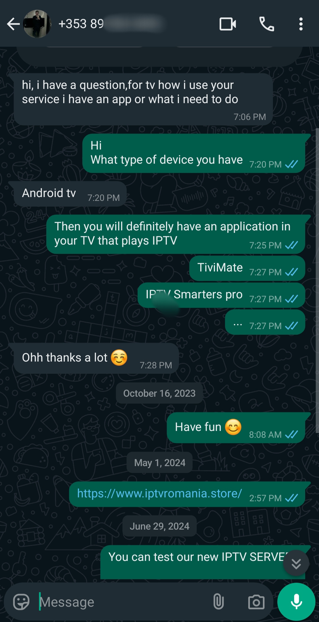 A WhatsApp chat shows a user asking how to use Ecuador IPTV services on their TV. The support person suggests installing an IPTV app like TiviMate or IPTV Smarters Pro, shares helpful links, and the conversation ends with thanks.