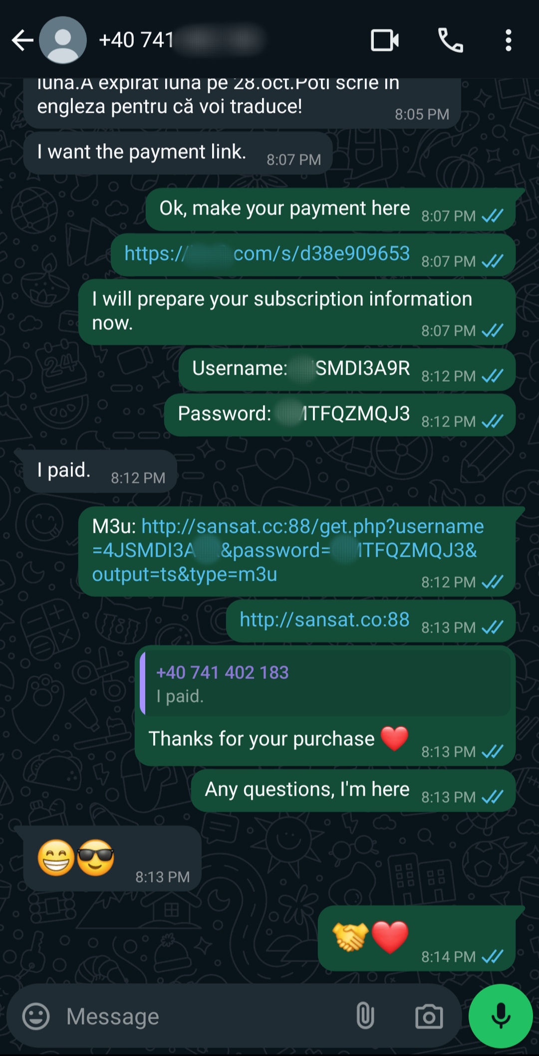 A WhatsApp chat shows a customer receiving and paying for an Ecuador IPTV subscription, with account details shared and the seller thanking them with heart and handshake emojis. The conversation includes links, usernames, and passwords.