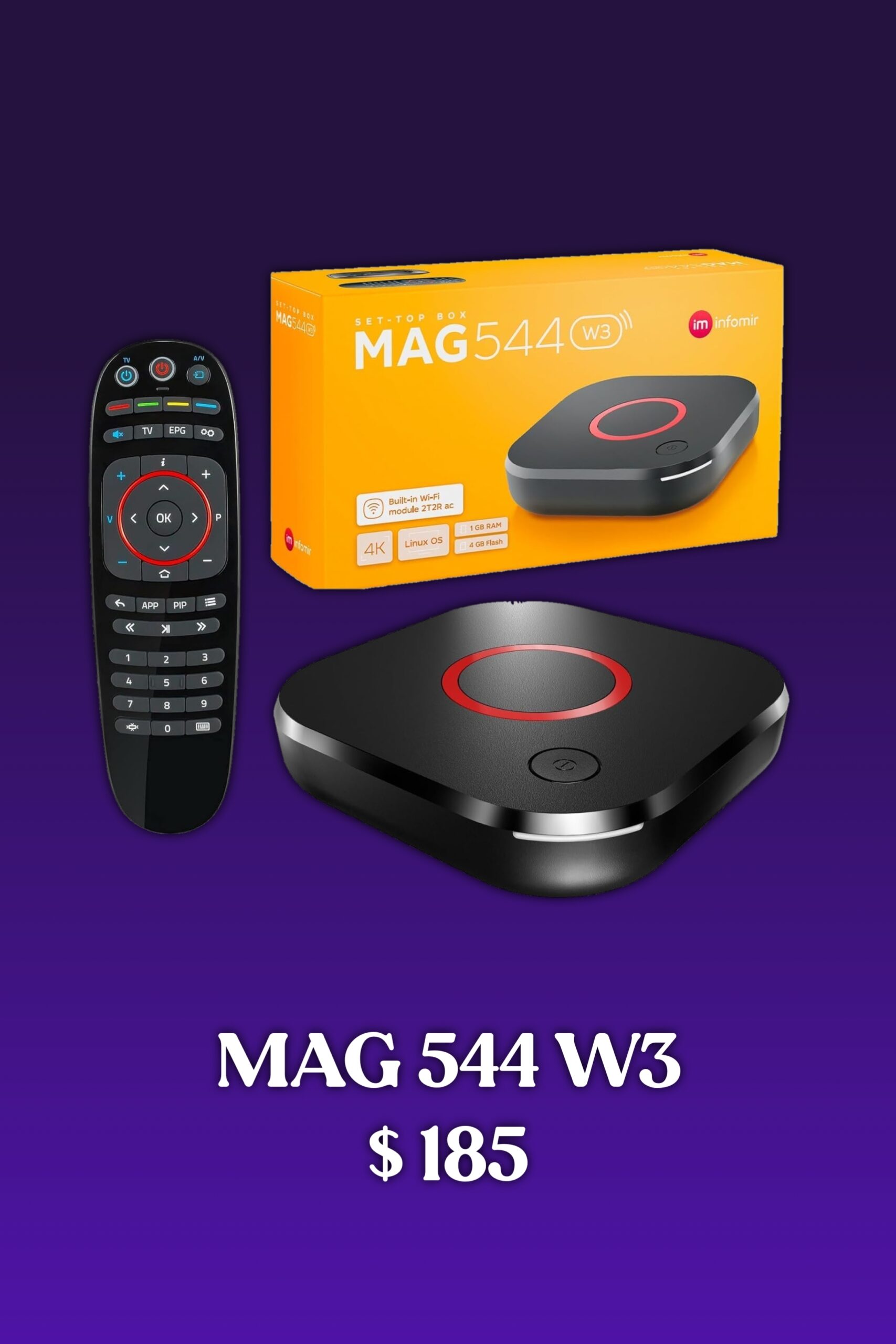 A set-top box MAG 544 W3, its remote control, and packaging are displayed on a purple background—ideal for Ecuador IPTV. Text below reads MAG 544 W3 $185.