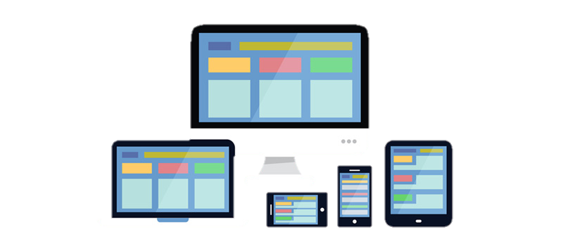 Illustration of a desktop computer, laptop, tablet, and two smartphones displaying colorful, similar layouts, representing responsive web design across multiple devices for Ecuador IPTV services.