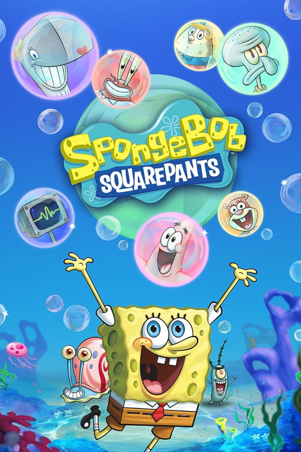 SpongeBob SquarePants joyfully jumps underwater with bubbles showing Patrick, Sandy, Squidward, Mr. Krabs, and Plankton. Gary the snail is beside him. The show’s logo is in the center, perfect for streaming on Ecuador IPTV.