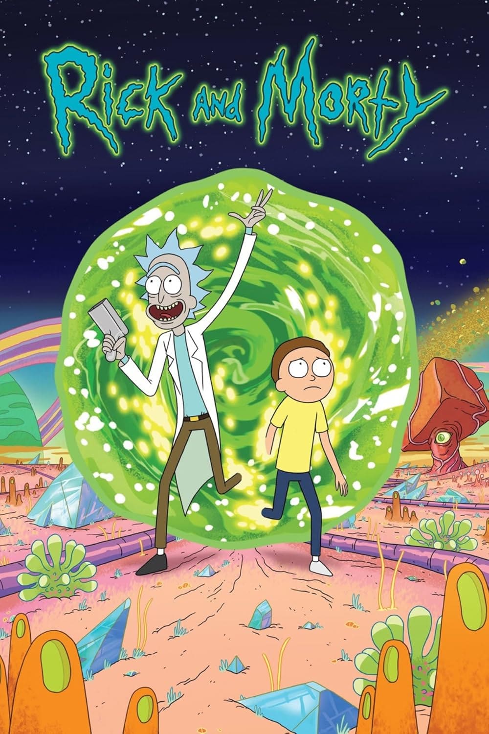 Rick, in his lab coat and spiky blue hair, and Morty, looking nervous, step through a green swirling portal onto an alien landscape filled with colorful plants and crystals. The Rick and Morty logo appears above them, hinting at Ecuador IPTV adventures.