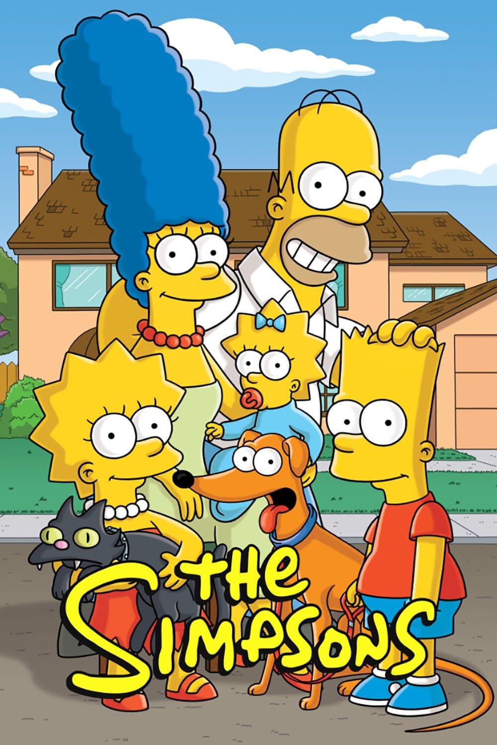 The Simpsons family—Marge, Homer, Maggie, Lisa, and Bart—pose with their cat Snowball II and dog Santa’s Little Helper in front of their house. Stream The Simpsons anytime on Ecuador IPTV. The title appears at the bottom in yellow text.