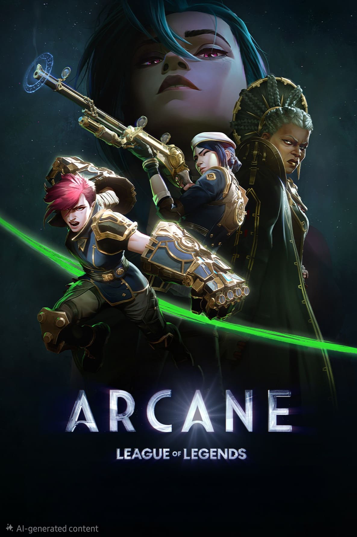 Three animated characters stand in dynamic poses with glowing weapons, backed by a large, intense face above them. The word ARCANE and LEAGUE OF LEGENDS are displayed at the bottom, perfect for fans streaming with Ecuador IPTV.