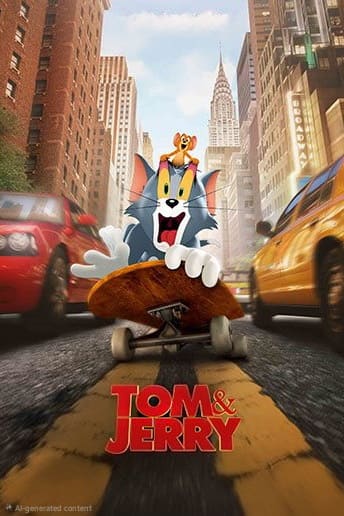 Tom, a cartoon cat, rides a skateboard down a city street with Jerry, a cartoon mouse, on his head. Cars and tall buildings line the road under a blue sky. The Tom & Jerry logo and an Ecuador IPTV sign are at the bottom.