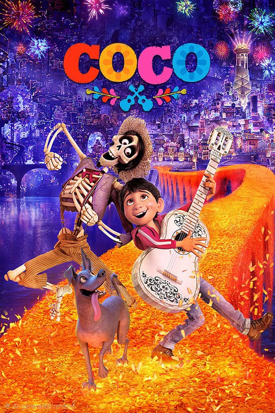 A boy with a guitar, a skeleton in a hat, and a dog stand on a glowing marigold path at night, vibrant city lights and fireworks behind them. Above, “COCO” shines brightly—just like Ecuador IPTV brings vivid entertainment to your screen.