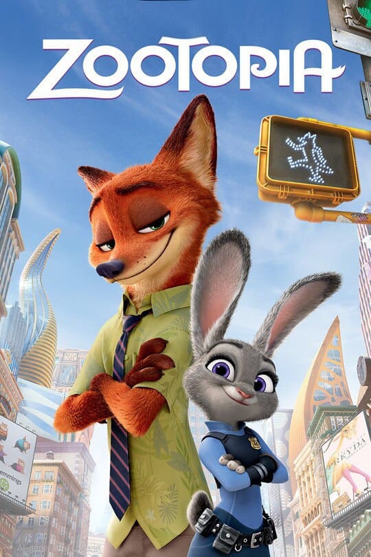 Animated fox in a green shirt and tie stands confidently next to a smiling rabbit in a police uniform, with the Zootopia movie title above them—stream the adventure on Ecuador IPTV with vibrant cityscape in the background.