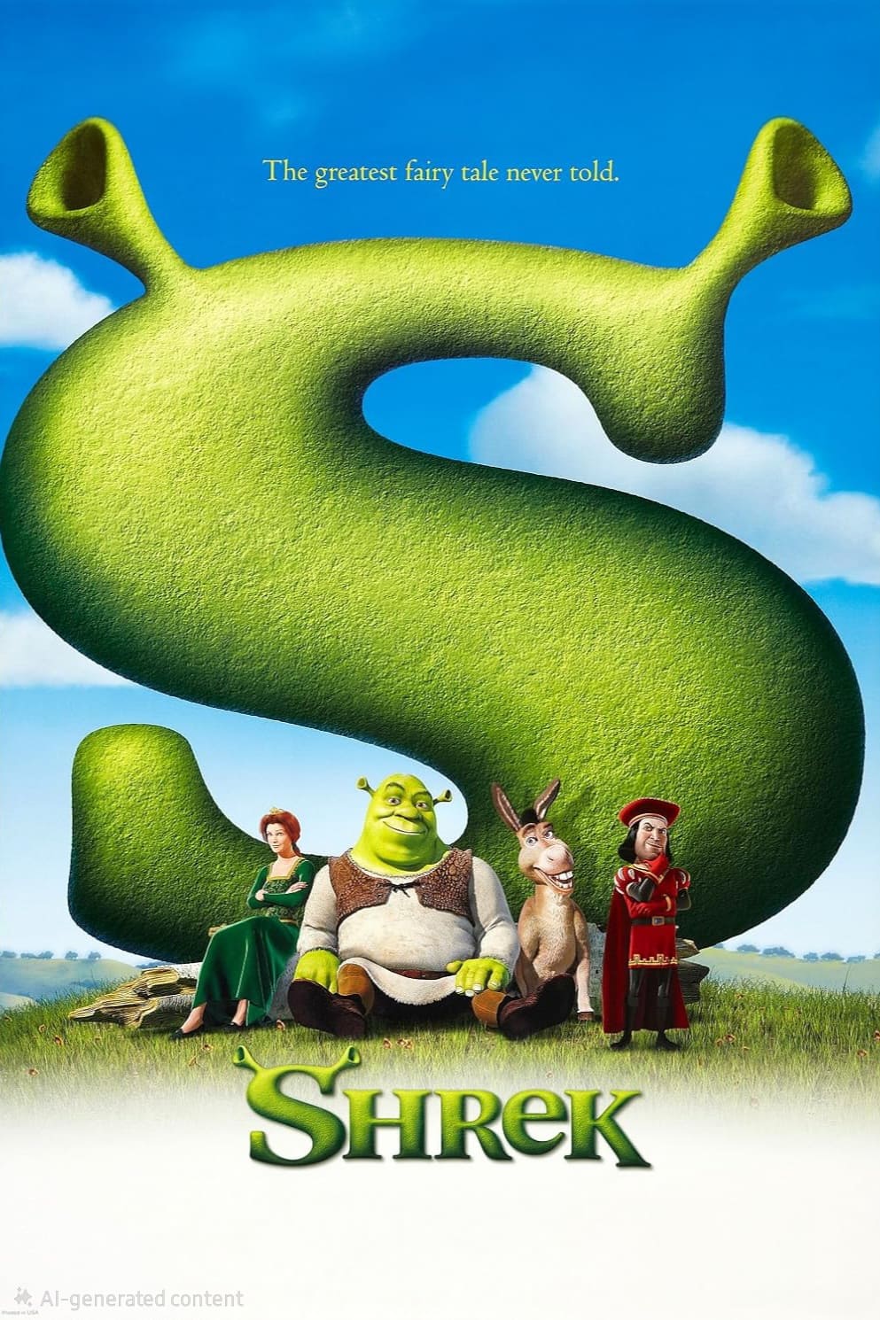 Movie poster for Shrek showing a large green letter S with Shrek, Princess Fiona, Donkey, and Lord Farquaad sitting below it on grass; tagline reads The greatest fairy tale never told. Now streaming on Ecuador IPTV.