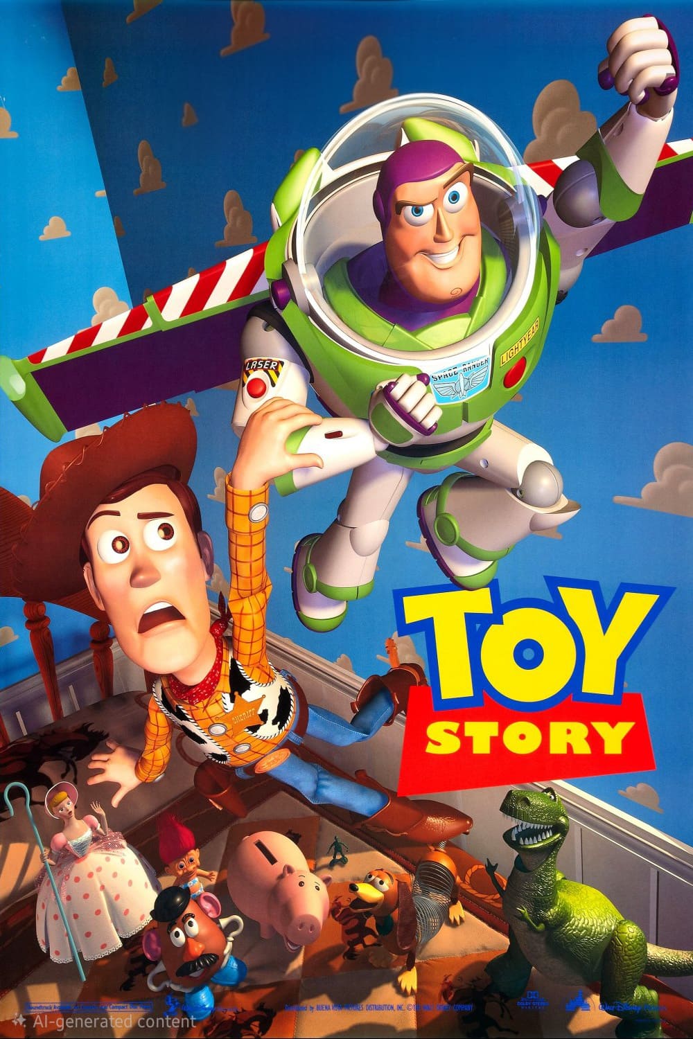 Poster for Toy Story showing Woody, a cowboy doll, looking surprised as Buzz Lightyear, a space ranger toy, flies above him. Stream this adventure with your Ecuador IPTV alongside Rex, Hamm, and Slinky Dog waiting below.