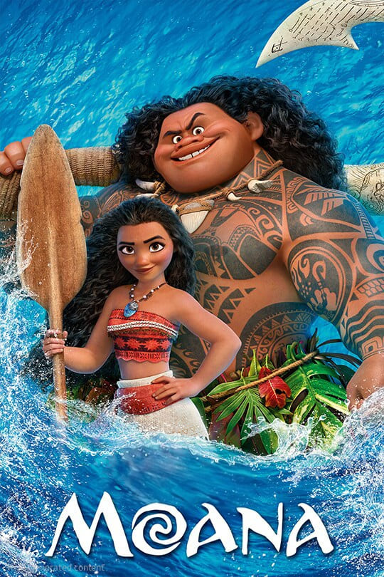 Animated movie poster for Moana showing Moana holding an oar and smiling, standing in front of Maui, a large demigod with long hair and tattoos, surrounded by ocean waves and green leaves—perfect for fans streaming on Ecuador IPTV.