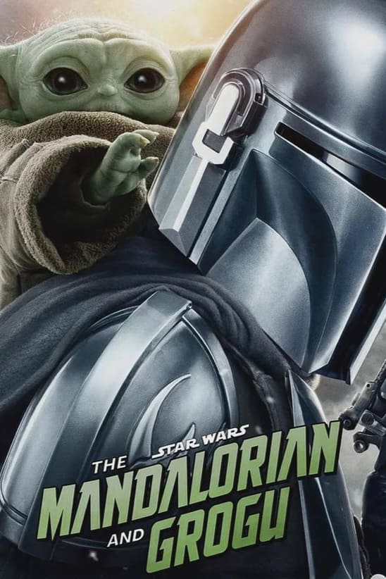 The Mandalorian in silver armor and helmet stands in front, holding Grogu (Baby Yoda), who looks on from behind. The text reads The Star Wars Mandalorian and Grogu, available to stream with Ecuador IPTV.