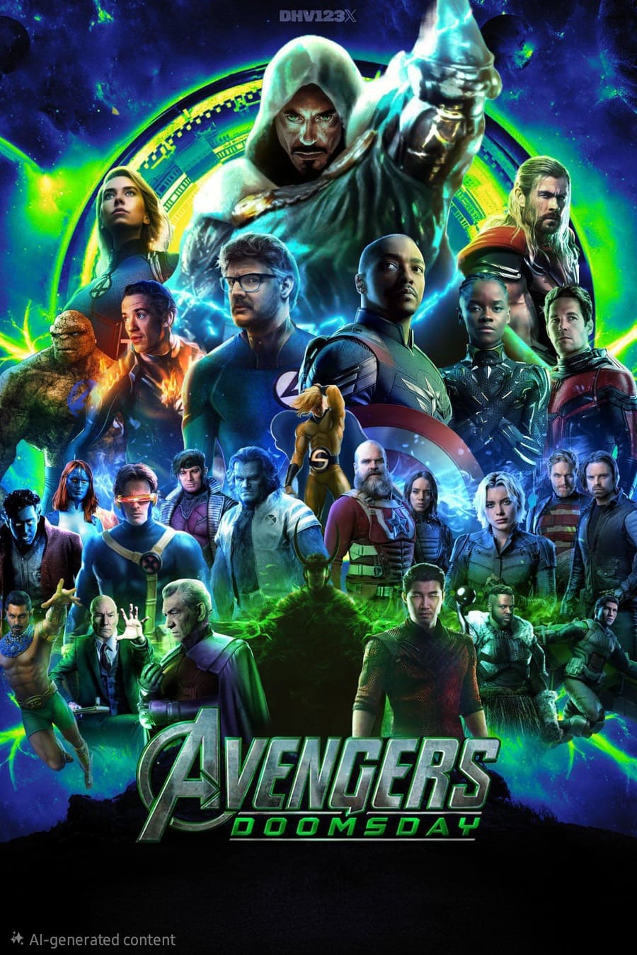A vibrant movie poster shows numerous Marvel superheroes and villains, including characters with costumes, capes, masks, and shields, standing together with glowing cosmic effects. Watch Avengers: Doomsday on Ecuador IPTV for an epic streaming experience.
