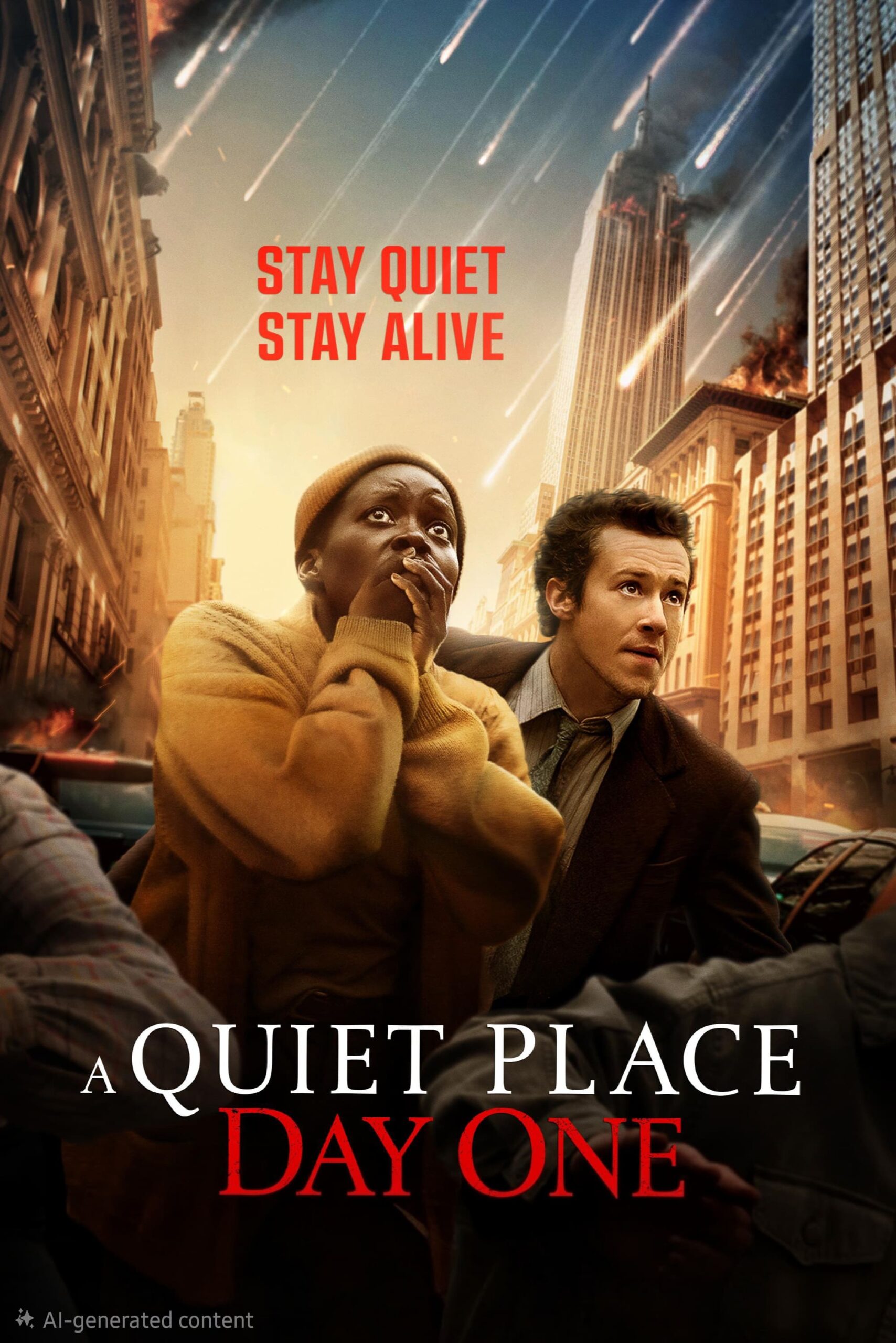 Two people look frightened in a city street as fiery meteors rain down. Text reads STAY QUIET STAY ALIVE and A QUIET PLACE DAY ONE. Buildings burn with chaos unfolding, streamed live via Ecuador IPTV for a thrilling experience.