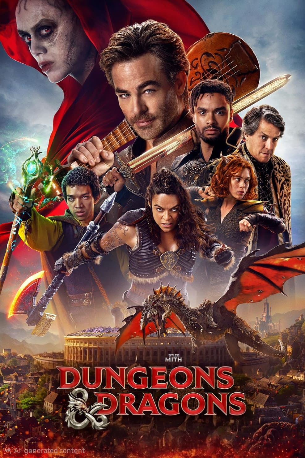 A fantasy movie poster features six characters in adventurous poses, a red dragon, and magical effects. Stream Dungeons & Dragons: Honor Among Thieves on Ecuador IPTV for an epic viewing experience.