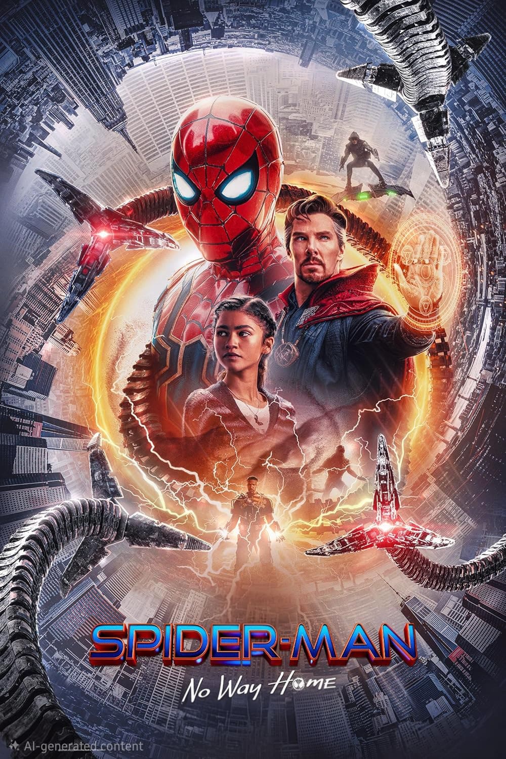 Movie poster for Spider-Man: No Way Home featuring Spider-Man, Doctor Strange, and MJ surrounded by city buildings, magical effects, and mechanical arms, with the film title at the bottom—popular on Ecuador IPTV platforms.