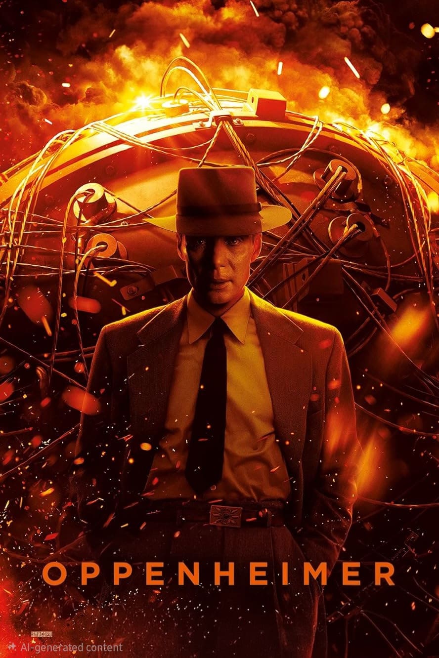 A man in a suit and hat stands before a glowing, fiery atomic bomb with wires and sparks, set against a dramatic orange background. The word Oppenheimer appears at the bottom, echoing the intensity found in Ecuador IPTV action scenes.
