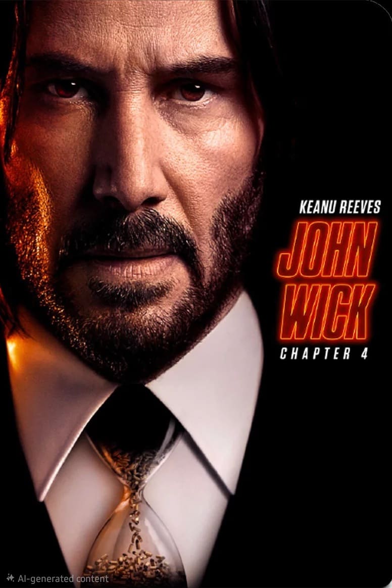 Close-up of a serious man with long hair and a beard, wearing a suit and tie. The text beside him reads: Keanu Reeves John Wick Chapter 4 in bold red and yellow letters on a black background, now streaming on Ecuador IPTV.
