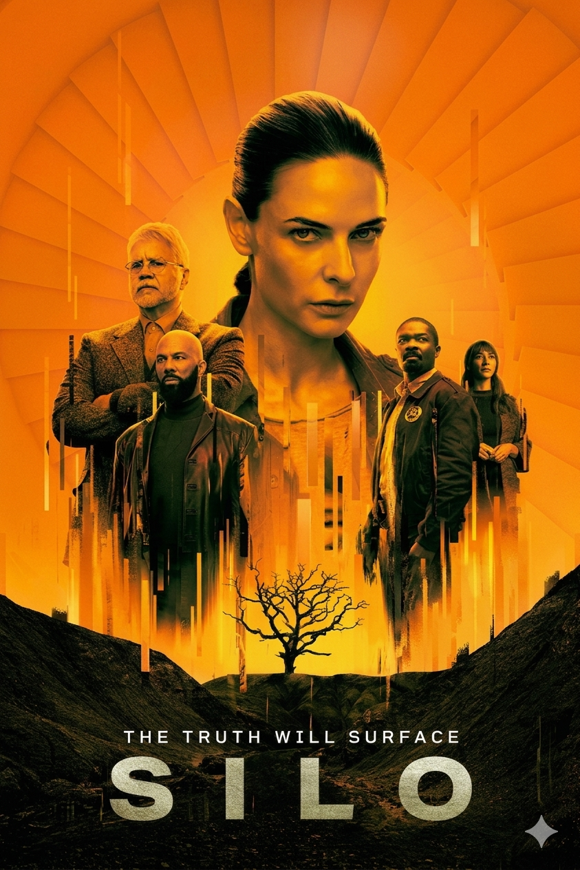 A dramatic orange-toned poster for Silo features five serious-faced characters, with a lone tree at the bottom. The tagline reads The truth will surface above the show's title. Geometric shapes radiate in the background, perfect for Ecuador IPTV fans.