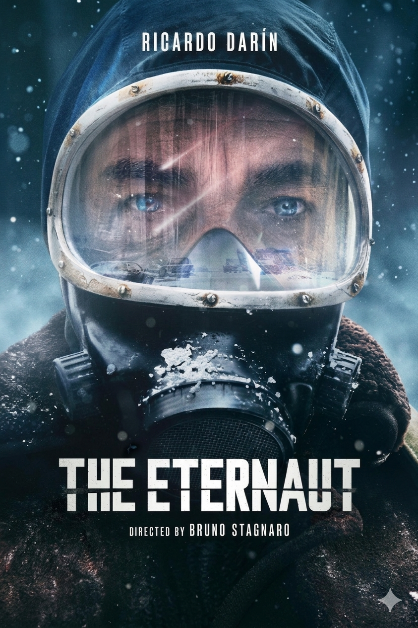 A man in a winter jacket and goggles stares ahead through a frost-covered visor as snow falls. The text reads “Ricardo Darín” above and “The Eternaut, directed by Bruno Stagnaro” below. Streaming soon on Ecuador IPTV.