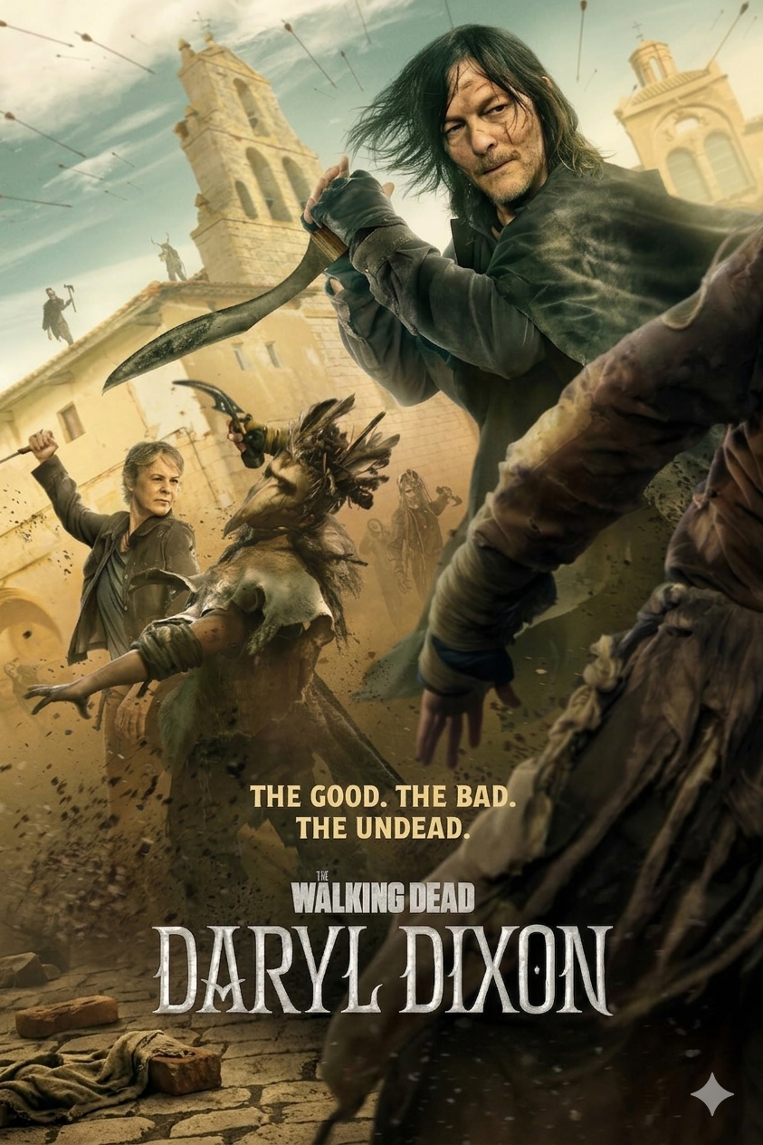 A dramatic poster for The Walking Dead: Daryl Dixon shows a man wielding a knife in a chaotic, historic European square with zombies attacking. Streaming now on Ecuador IPTV. The tagline reads, The Good. The Bad. The Undead.
