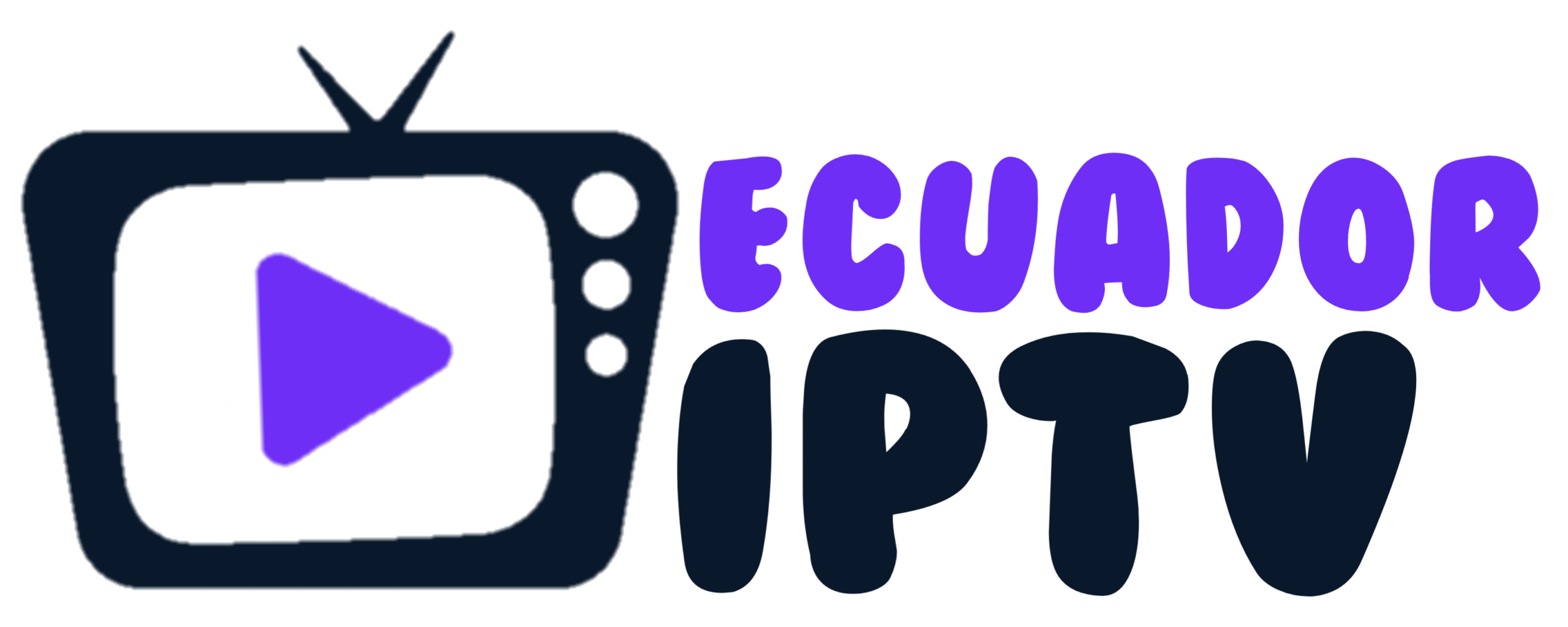 A purple retro TV icon with a play button inside, next to the words ECUADOR IPTV in bold purple and white letters on a light background.