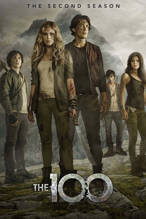 Five young adults in rugged, dirty clothes stand together on rocky terrain with mountains and cloudy skies in the background. The text reads, The Second Season – The 100, now streaming on Ecuador IPTV.