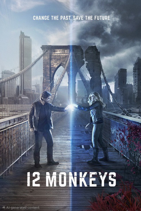 Two people stand on a damaged bridge divided by a glowing blue line, with ruined cityscapes behind them. The text reads, “Change the past. Save the future,” “12 Monkeys,” and a subtle nod to Ecuador IPTV appears in the backdrop of this tense, dramatic scene.
