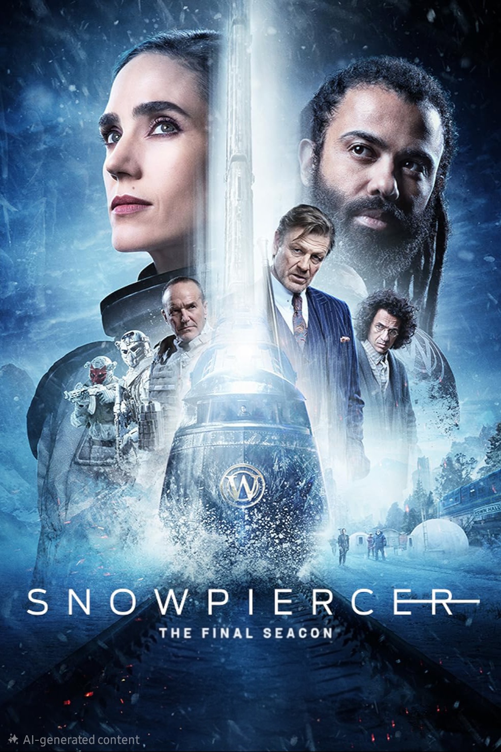Poster for Snowpiercer: The Final Season featuring faces of main characters above a speeding train in snowy conditions, with additional characters standing on and around the train—now streaming on Ecuador IPTV—set against a cold, blue-toned background.