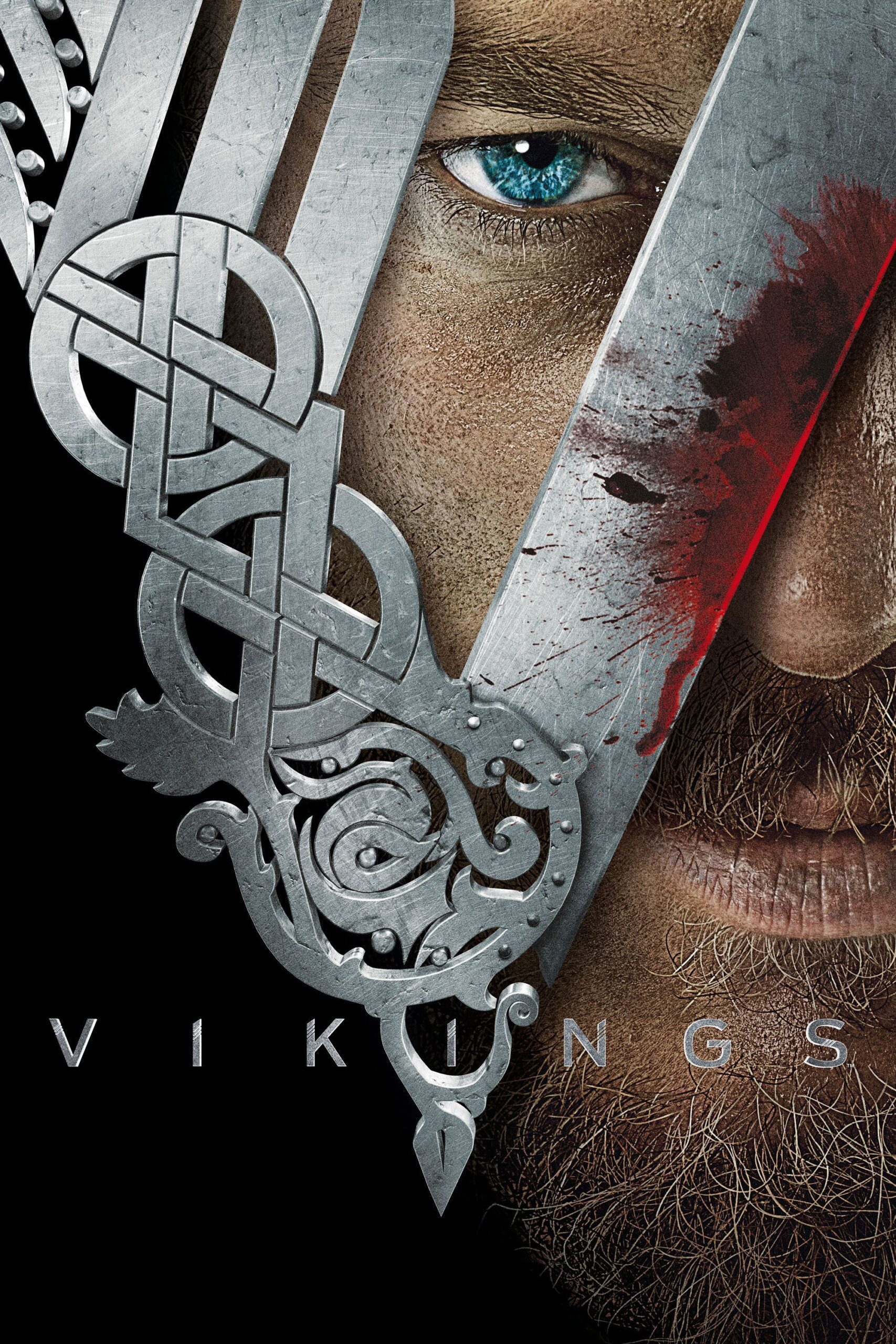 Close-up of a man's face partially covered by an ornate, metallic Viking helmet with a blue eye visible; blood smeared on the helmet. "Vikings" and "Ecuador IPTV" appear in bold letters below.