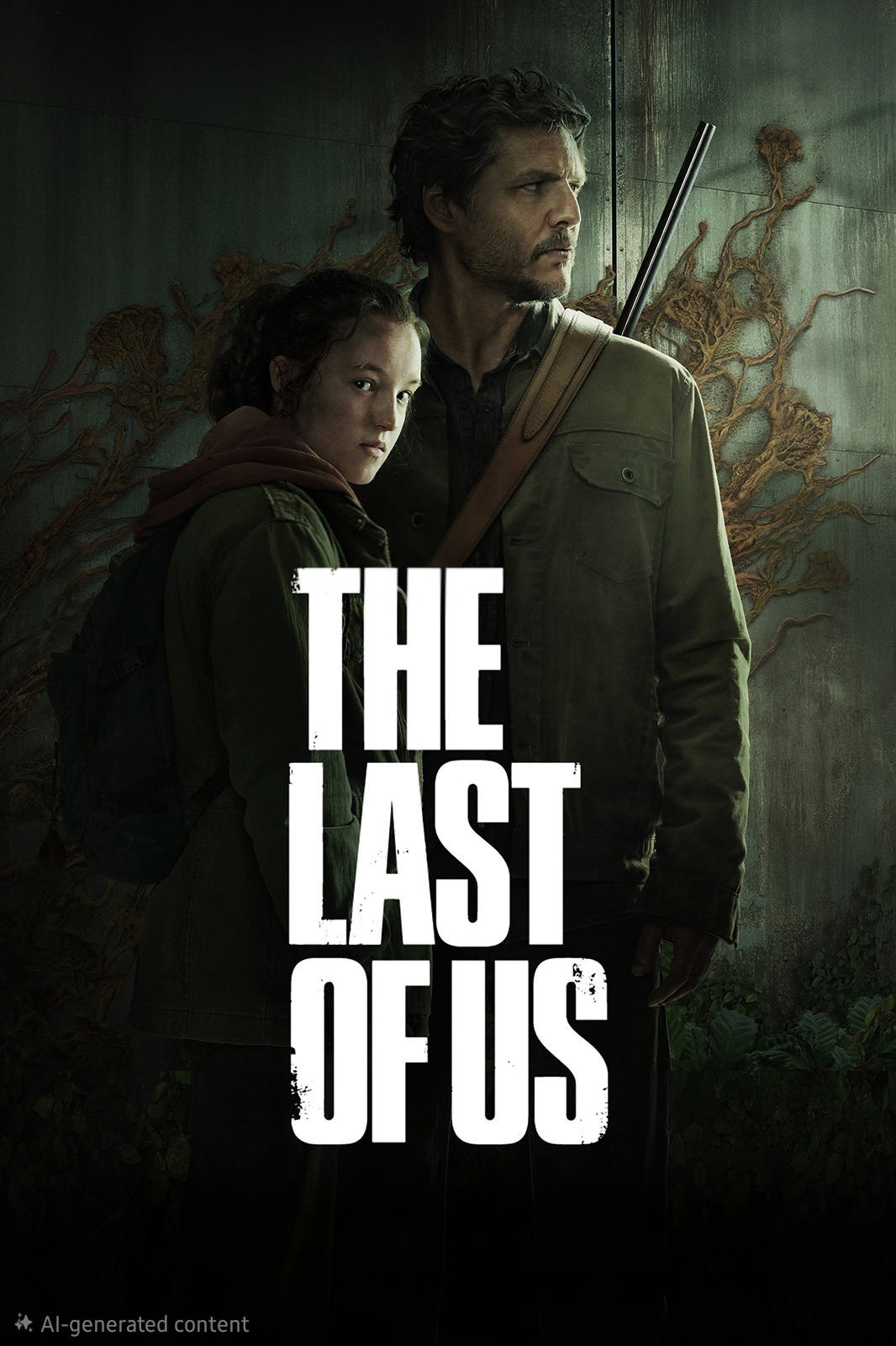 A girl and a man stand close together in front of a wall covered in vines. The man holds a rifle, and large white text reads THE LAST OF US across the center—now streaming on Ecuador IPTV.