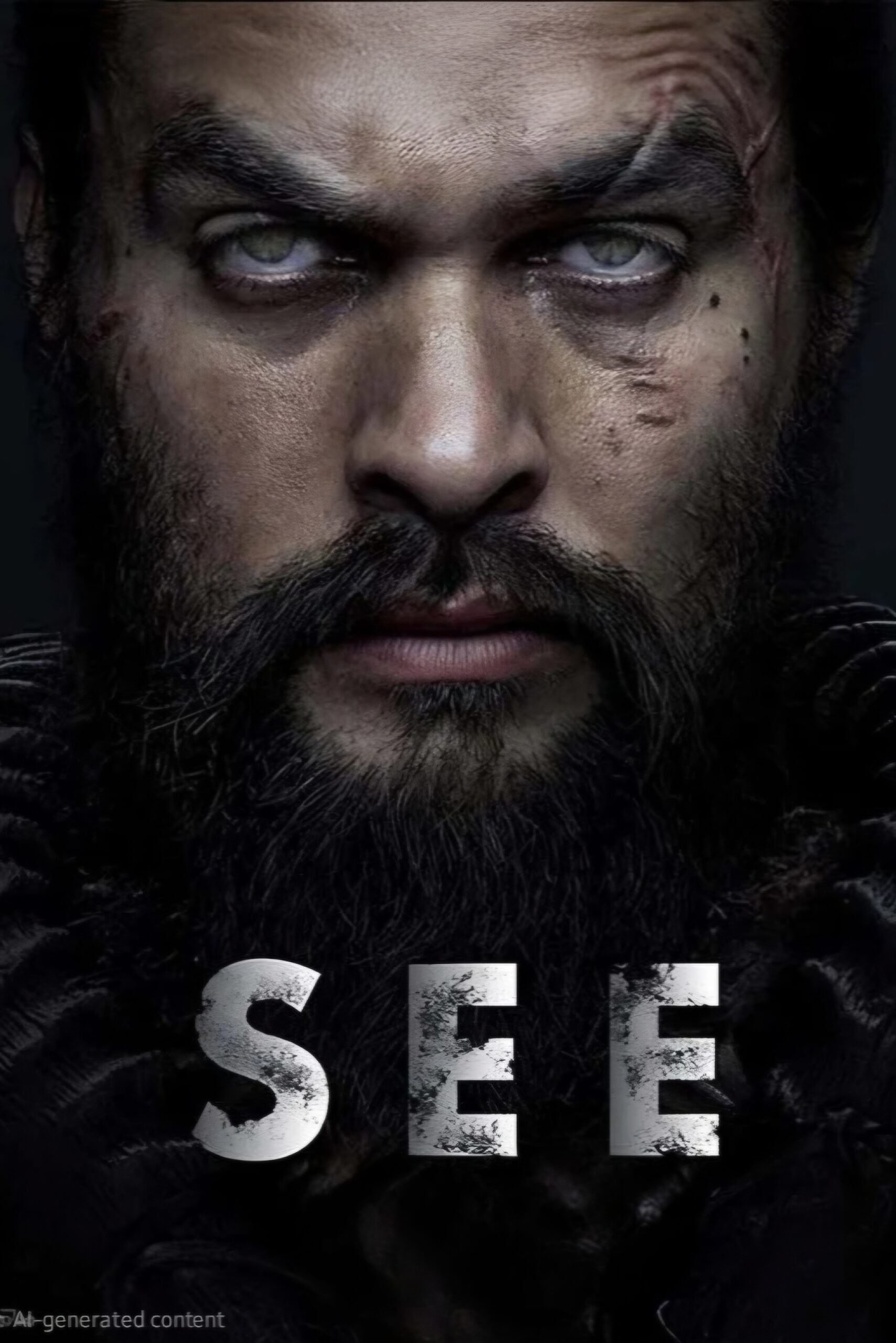 Close-up of a bearded man with intense, pale eyes and facial scars, staring forward. The word SEE appears in bold, distressed letters at the bottom—dark and dramatic, evoking the mysterious allure of Ecuador IPTV.